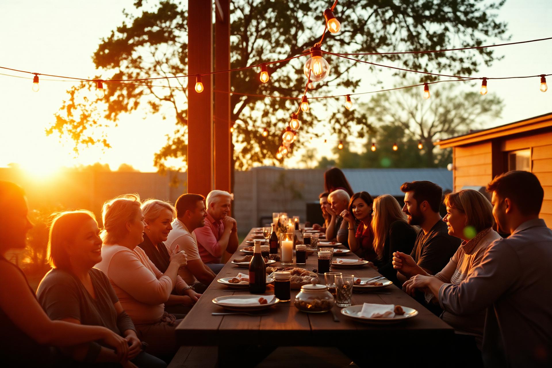 People gathering around a communal table at golden hour